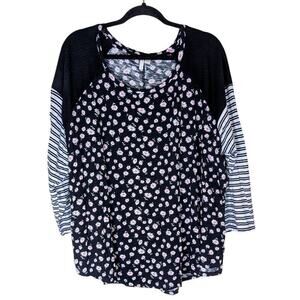 Womens Cato Size 26/28W Black Pink Floral Striped Raglan Sleeve Top Baseball